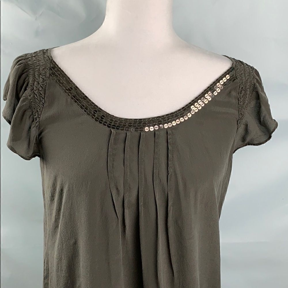 Petticoat Alley army green silk and sequins top